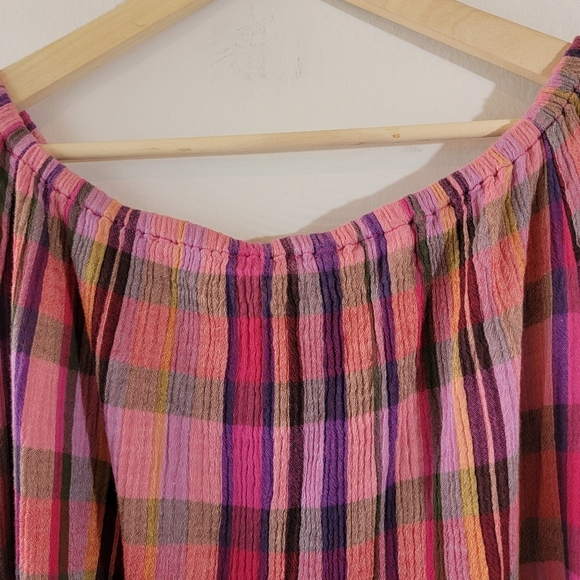 Beach Lunch Lounge Women's Red Orange Plaid Peasant Top Sz L Off Shoulder Gauze - Picture 7 of 12